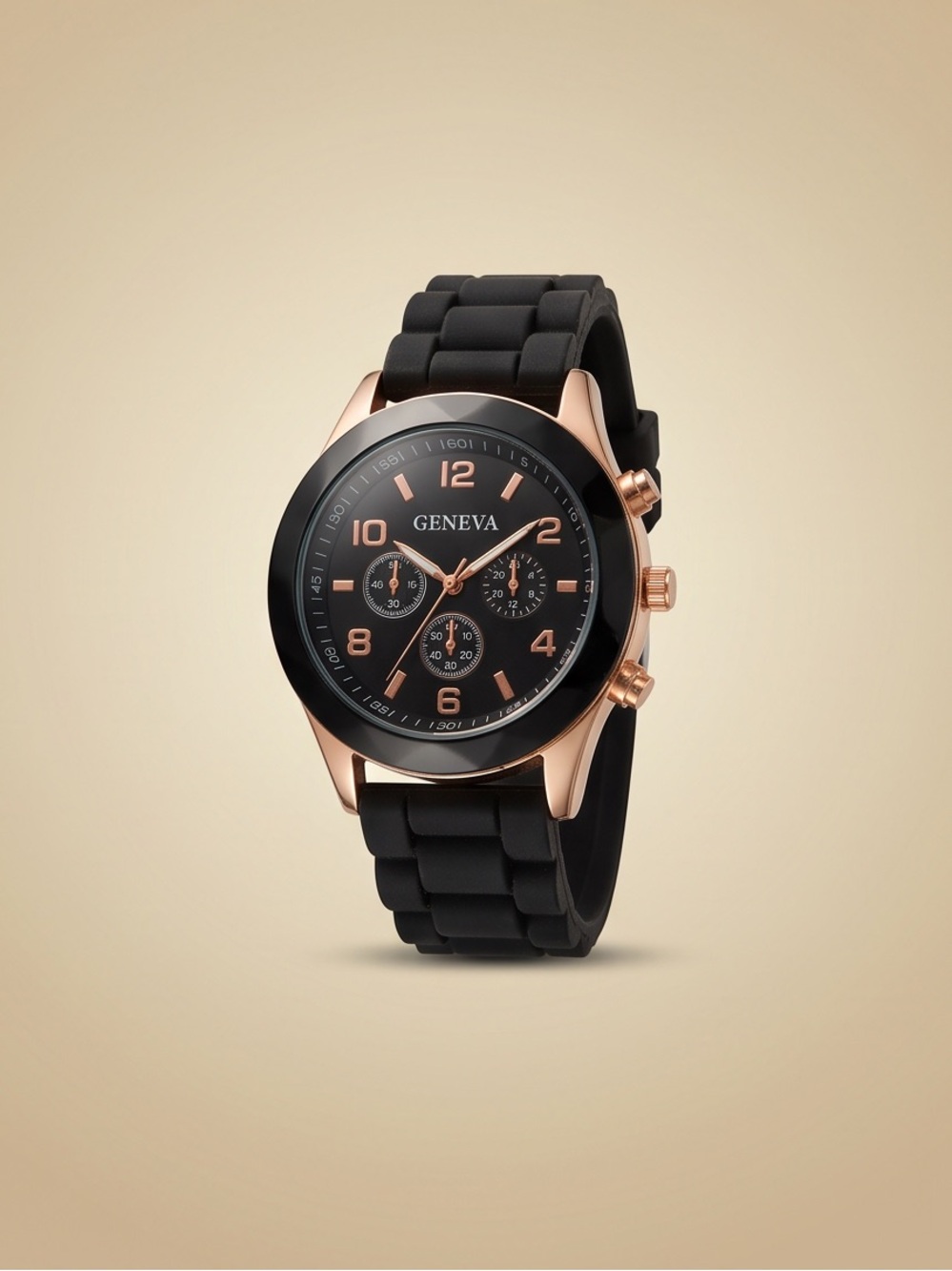 New Geneva Watch Black Silicone Band Rose Gold Tone Hardware New Battery!